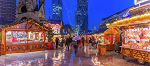 Handmade Prints: View of Christmas market stalls with Kaiser Wilhelm Memorial Church behind