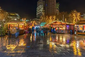 Friends Prints: View of Christmas market stalls with Kaiser Wilhelm Memorial Church behind