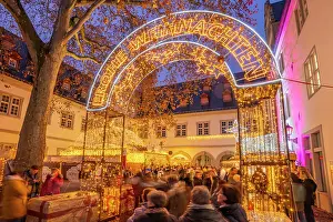 Xmas Prints: View of Christmas Market in Willi-Horter-Platz in historic town centre at Christmas