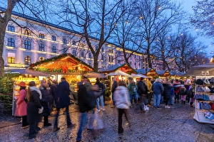 Festivity Prints: View of Christmas market during winter at dusk, Stortingsparken, Oslo, Norway, Scandinavia
