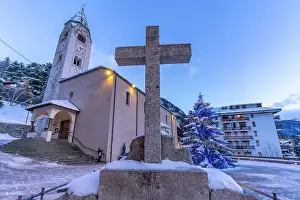 Courmayeur Prints: View of Christmas tree and Church of Saint Pantalon in Piazza Abbe Henry at dusk