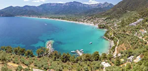 Sea View Prints: View of Chrysi Ammoudia and mountainous background