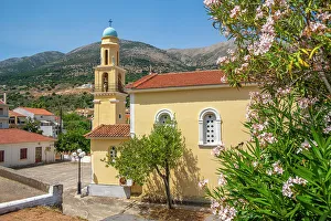 View of Church of Agia Efimia bell tower in Agia Effimia, Kefalonia, Ionian Islands, Greek Islands, Greece, Europe