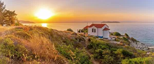 Bright Colors Prints: View of Church of the Holy Apostles in Thassos Town at sunset