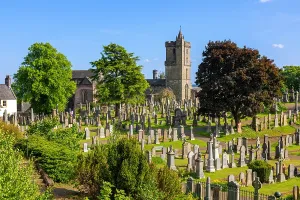 Cemetery Prints: View of the Church of the Holy Rude and Valley Cemetery in Stirling in Scotland on a clear day