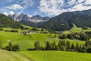 View of Church and mountain backdrop, Val di Funes, Bolzano Province, Trentino-Alto