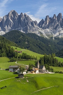 View of Church and mountain backdrop, Val di Funes, Bolzano Province, Trentino-Alto