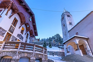 Courmayeur Prints: View of Church of Saint Pantalon in Piazza Abbe Henry at dusk