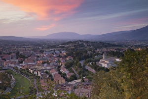 Spoleto Prints: View of Church of St. Ponziano and Spoleto at sunset, Spoleto, Umbria, Italy, Europe
