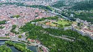 Riverbank Prints: View of the citadel of Besancon surrounded by city and nature from above in France