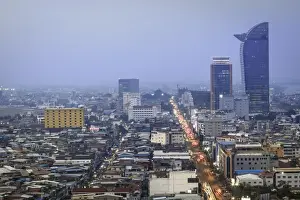 Business District Prints: View of the city centre and downtown Central business district, Phnom Penh, Cambodia