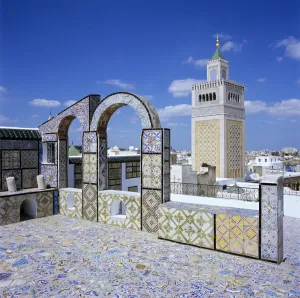 Tunis Prints: View over city and Great Mosque from tiled roof top, Tunis, Tunisia, North Africa, Africa