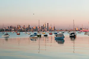 High Rises Prints: View of City of Melbourne from Williamstown port through sail boats