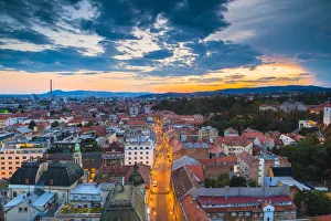 Traditionally Croatian Prints: View of the city at night, Zagreb, Croatia, Europe