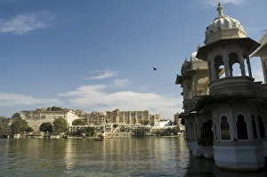 View of the City Palace and hotels from Lake Pichola