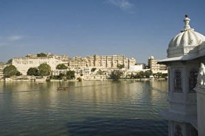 View of the City Palace and hotels from Lake Pichola