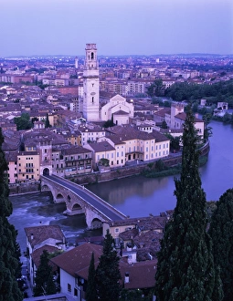 Verona Prints: View over the city with Ponte Pietra and River Adige at dawn