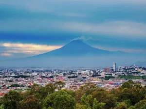 Mexican Prints: View over the city towards Popocatepetl Volcano, City of Puebla, Puebla State, Mexico