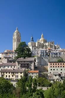 View across city rooftops to the cathedral, Segovia, Castilla y Leon, Spain, Europe