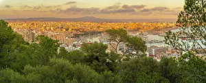 Golden Light Prints: View of city skyline of Palma and cathedral from Castell de Bellver at sunset