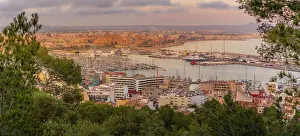 Sailboat Prints: View of city skyline of Palma and cathedral from Castell de Bellver at sunset