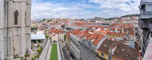 Portuguese Prints: View of city skyline and Santa Justa Lift from Carmo Archaeological Museum on a sunny day