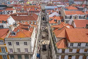 Terrace Prints: View of city skyline from Santa Justa Lift on a sunny day, Lisbon, Portugal, Europe