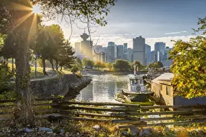 View of city skyline and Vancouver Lookout Tower from CRAB Park at Portside, Vancouver