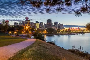 View of city skyline and Vancouver Lookout Tower from CRAB Park at Portside, Vancouver