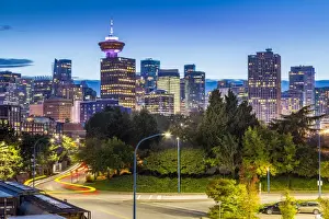 Canadian Culture Prints: View of city skyline and Vancouver Lookout Tower at dusk from Portside, Vancouver