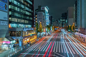 Pedestrians Prints: View of city street and trail lights at night, Minato City, Tokyo, Honshu, Japan