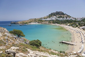 Parasol Prints: View over the clear turquoise waters of Lindos Bay, Lindos, Rhodes, Dodecanese Islands