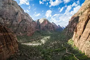 View over the cliffs of the Zion National Park and the Angels Landing path, Zion National Park, Utah, United States of America, North America