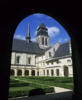 Fontevraud Prints: View through cloisters to the abbey church