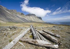 Land Form Prints: View towards cloud-topped volcanic mountains on the coast of Lon, east of Hofn