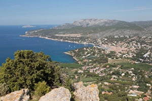 Cote Dazur Prints: View of the coastline and the historic town of Cassis from a hilltop, Cassis, Cote d Azur