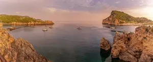 Watercraft Prints: View of coastline and Ionian Sea near Palaiokastritsa at sunset