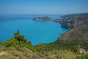 Kefalonia Prints: View of coastline, sea and Assos from near Agkonas