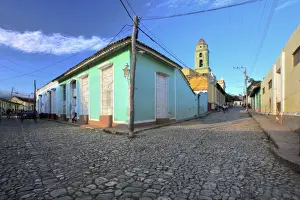 Cuban Prints: View along cobbled streets towards the bell tower of the Inglesia y Convento de San Francisco