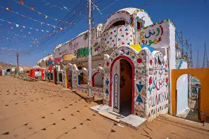 Nubia Prints: View of colourful architecture at Nagaa Suhayl Gharb on the Nile river near Aswan