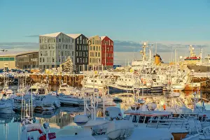 Hafnarfjrur Prints: View of colourful buildings around Hafnarfjorour Marina in winter, Hafnarfjorour, Iceland