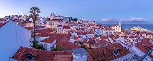 Alfama Prints: View of colourful buildings and red rooftops at dusk in the Alfama District