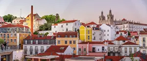 Alfama Prints: View of colourful buildings and red rooftops at sunset in the Alfama District