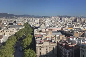 La Rambla Prints: View from Columbus Monument (Monument a Colom) over La Rambla to Barcelona, Catalonia
