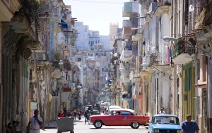 Cuba Gallery: View along congested street in Havana Centro showing people walking along pavements