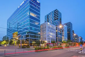 Public Spaces Prints: View of contemporary architecture in the Barcode area at dusk