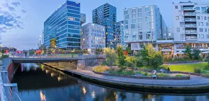 Public Spaces Prints: View of contemporary architecture in the Barcode area at dusk
