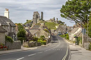 Forts Prints: View of cottages on East Street and Corfe Castle, Corfe, Dorset, England, United Kingdom