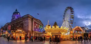 Ferris Wheel Prints: View of Council House (City Hall) and Christmas Market on Old Market Square at dusk