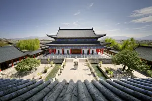 A view down on courtyard and building in classical Chinese architecture style at Mufu, Lijiang, Yunnan, China, Asia